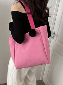 絨球裝飾購物袋雙把手滌綸休閒 - 粉色 - 查看 2