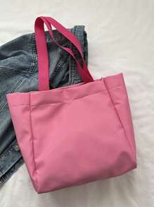 絨球裝飾購物袋雙把手滌綸休閒 - 粉色 - 查看 3