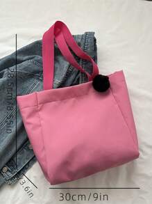 絨球裝飾購物袋雙把手滌綸休閒 - 粉色 - 查看 5