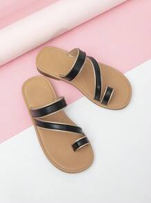 Cô gái Quilted Chi tiết Toe Post Dép - màu đen - Xem 3