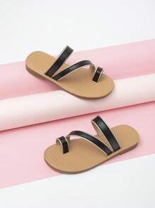 Cô gái Quilted Chi tiết Toe Post Dép - màu đen - Xem 4