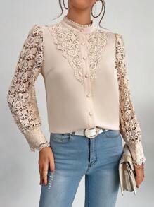 SHEIN Privé 水溶蕾絲拼接前紐扣襯衫 - 卡其色 - 查看 3