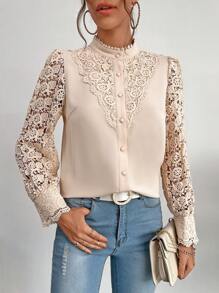 SHEIN Privé 水溶蕾絲拼接前紐扣襯衫 - 卡其色 - 查看 5