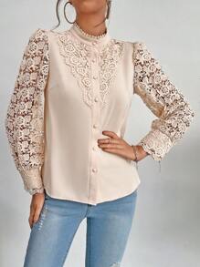 SHEIN Privé 水溶蕾絲拼接前紐扣襯衫 - 卡其色 - 查看 6