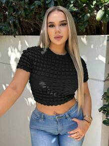 SHEIN SXY 素色短款T恤 - 黑色 - 查看 1