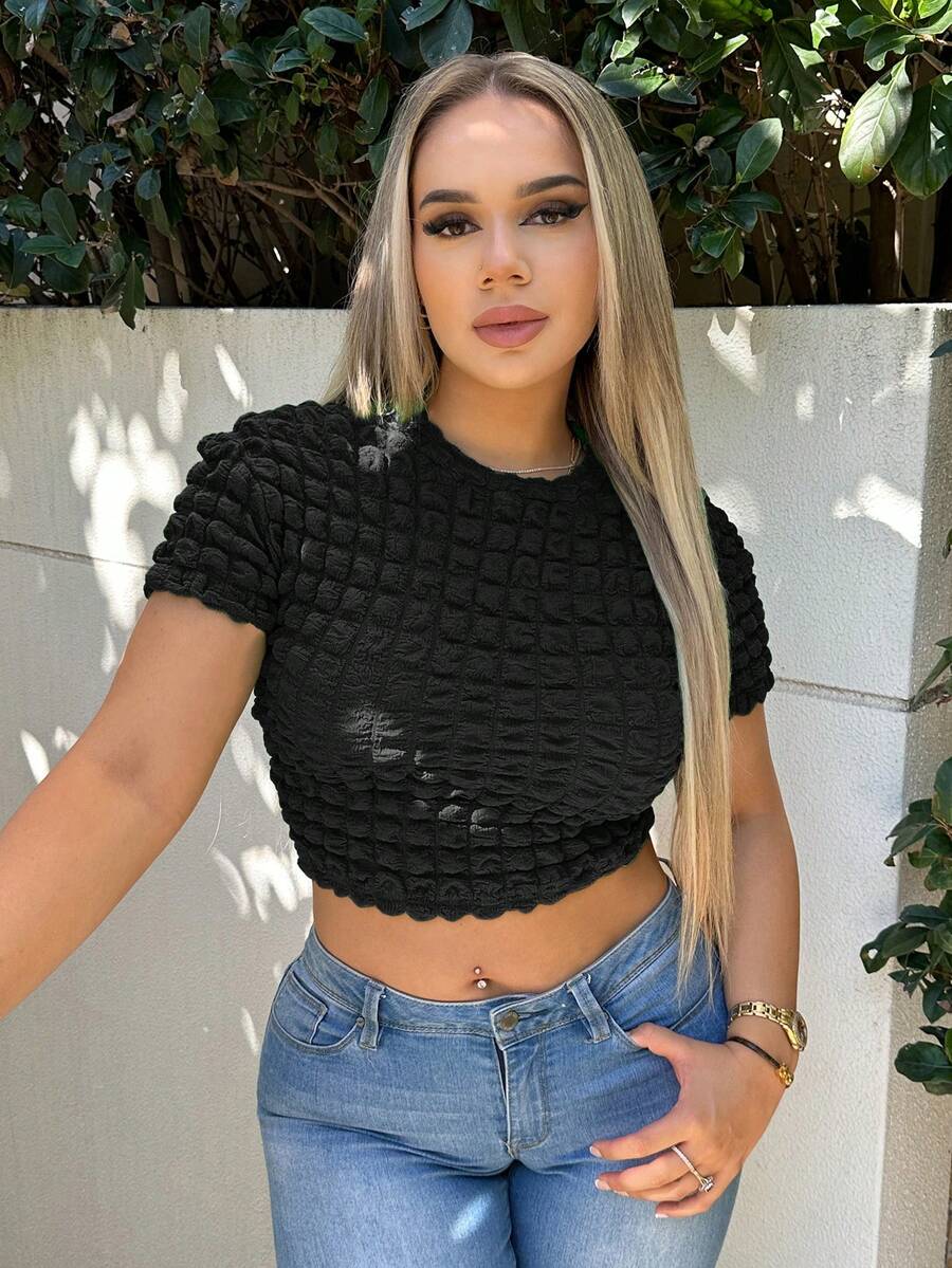 SHEIN SXY 素色短款T恤 - 黑色 - 查看 1