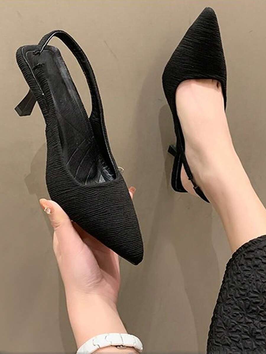 女士紋理質感尖頭細跟優雅黑色織物后提帶高跟單鞋適用於戶外 - 黑色 - 查看 1