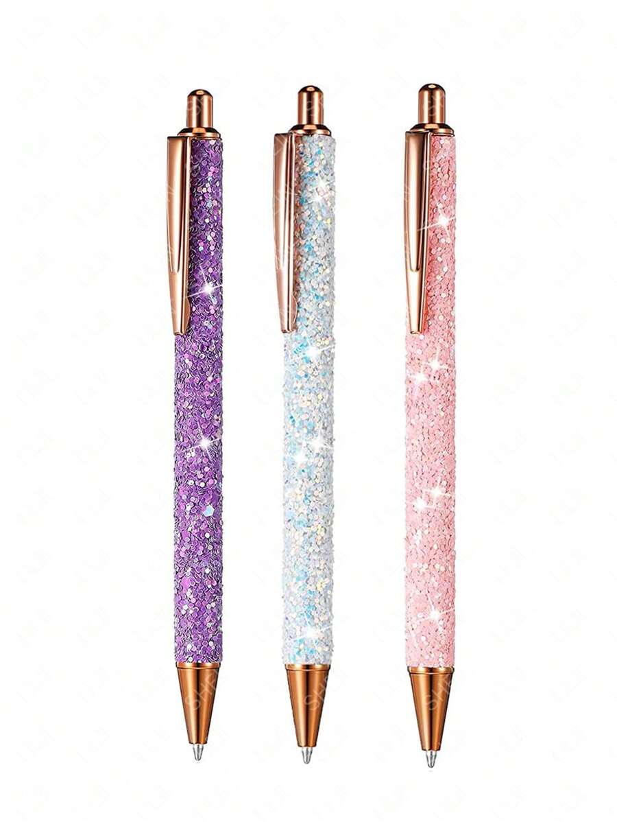 3入組隨機亮片裝飾圓珠筆圓珠筆適用於學生 - 彩色 - 查看 1