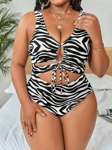 Slaydiva Summer Beach Plus Zebra Striped Cut Out Drawstring Front One Piece Swimsuit - Black and White - View 2