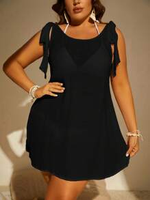 SHEIN Swim Curve Summer Beach Plus Tie Shoulder Cover Up Dress Without Bikini Set - Black - View 1