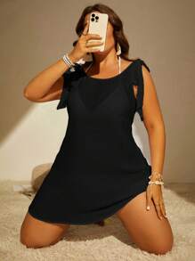 SHEIN Swim Curve Summer Beach Plus Tie Shoulder Cover Up Dress Without Bikini Set - Black - View 4