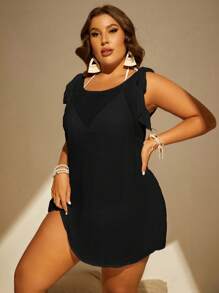 SHEIN Swim Curve Summer Beach Plus Tie Shoulder Cover Up Dress Without Bikini Set - Black - View 3