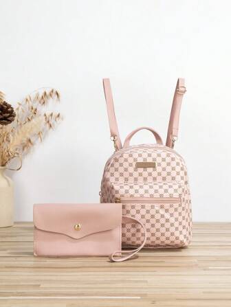 Geometric Pattern Classic Backpack Metal Detail Zipper With Small Pouch, 2 Pcs with Coin Purse Geometric Pattern Vintage Classic Multipurpose Min Cute Bookbag Purse Bag Set Freshman, Sophomore, Junior, Senior, Teen Girls
