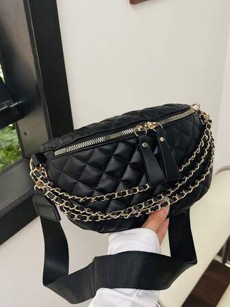 Medium Zipper Bum Bag Fashionable Argyle Quilted Chain Decor Adjustable Strap