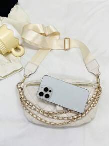 中等拉鍊腰包時尚幾何格紋衍縫鏈條裝飾可調整肩帶 - 米色 - 查看 3