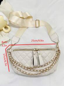 中等拉鍊腰包時尚幾何格紋衍縫鏈條裝飾可調整肩帶 - 米色 - 查看 4