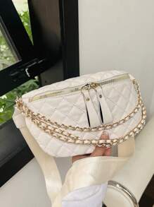 中等拉鍊腰包時尚幾何格紋衍縫鏈條裝飾可調整肩帶 - 米色 - 查看 5