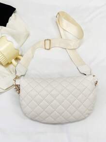 中等拉鍊腰包時尚幾何格紋衍縫鏈條裝飾可調整肩帶 - 米色 - 查看 6