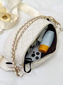 中等拉鍊腰包時尚幾何格紋衍縫鏈條裝飾可調整肩帶 - 米色 - 查看 7