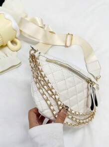 中等拉鍊腰包時尚幾何格紋衍縫鏈條裝飾可調整肩帶 - 米色 - 查看 8