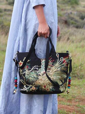 Peacock Embroidered Top Handle Bag Sequin Decor Polyester Fashionable School Bag For Graduate, Teen Girls, Freshman, Sophomore, Junior & Senior In College, University & High School, Perfect For Outdoors ,Travel & Back To School