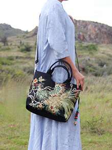 孔雀刺繡頂部提手包亮片裝飾滌綸時尚書包適合畢業生、青少年女孩、新生、大二、初中和高中學生、大學和高中，非常適合戶外、旅行和返校 - 黑色 - 查看 4