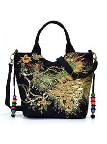 孔雀刺繡頂部提手包亮片裝飾滌綸時尚書包適合畢業生、青少年女孩、新生、大二、初中和高中學生、大學和高中，非常適合戶外、旅行和返校 - 黑色 - 查看 5