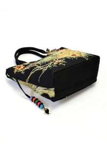 孔雀刺繡頂部提手包亮片裝飾滌綸時尚書包適合畢業生、青少年女孩、新生、大二、初中和高中學生、大學和高中，非常適合戶外、旅行和返校 - 黑色 - 查看 7