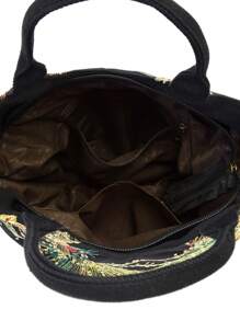 孔雀刺繡頂部提手包亮片裝飾滌綸時尚書包適合畢業生、青少年女孩、新生、大二、初中和高中學生、大學和高中，非常適合戶外、旅行和返校 - 黑色 - 查看 8