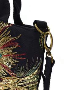 孔雀刺繡頂部提手包亮片裝飾滌綸時尚書包適合畢業生、青少年女孩、新生、大二、初中和高中學生、大學和高中，非常適合戶外、旅行和返校 - 黑色 - 查看 9