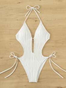 SHEIN Swim Summer Beach Cut Out Tie Side Halter One Piece Swimsuit White Swimsuit