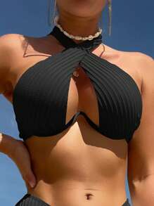 Cross Halter Underwire Bikini Top - Black - View 1