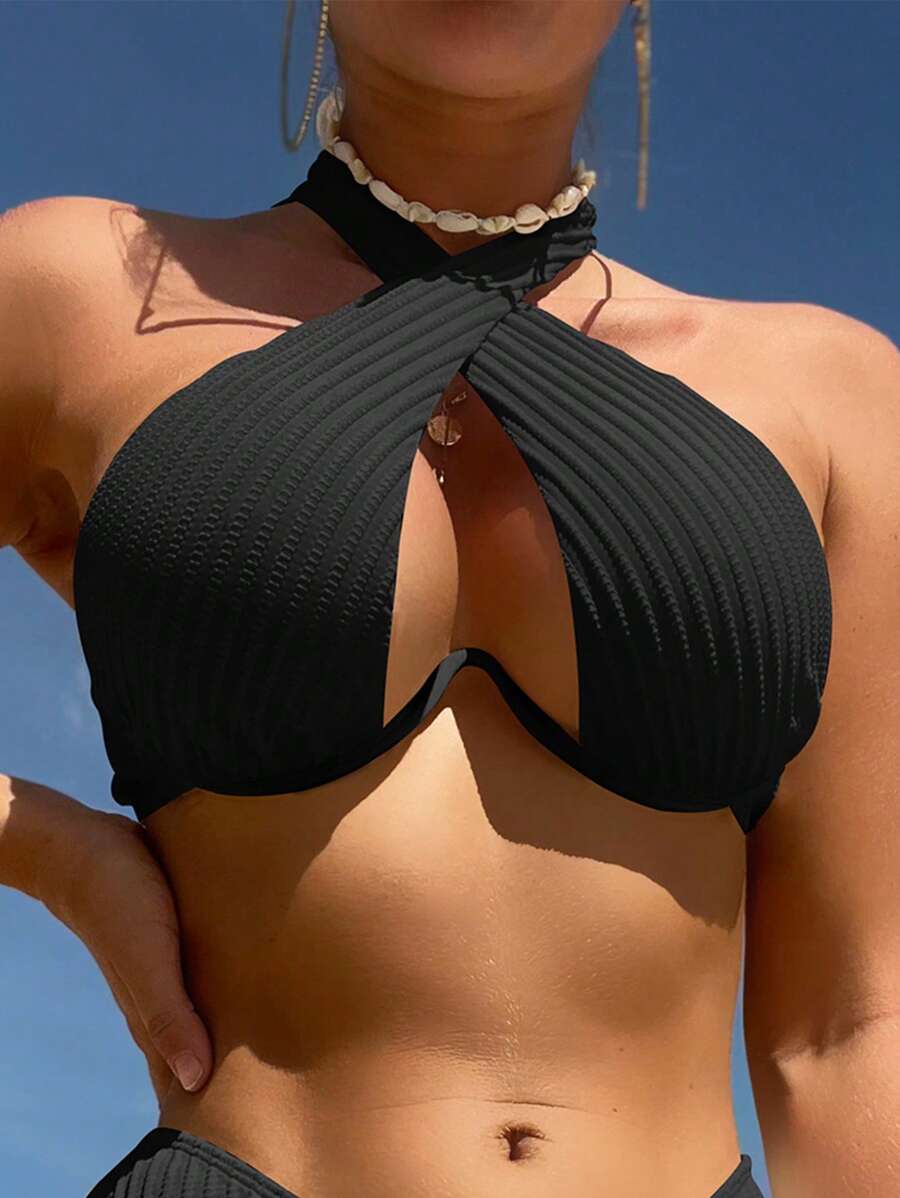 Cross Halter Underwire Bikini Top - Black - View 1
