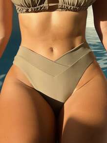 Plain High Cut Bikini Bottom - Khaki - View 3