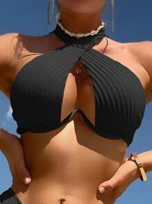 Cross Halter Underwire Bikini Top - Black - View 4