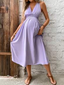 SHEIN Maternity Solid Shirred Waist Crisscross Backless Dress - Lilac Purple - View 2