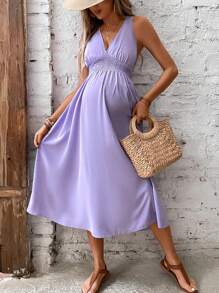 SHEIN Maternity Solid Shirred Waist Crisscross Backless Dress - Lilac Purple - View 6