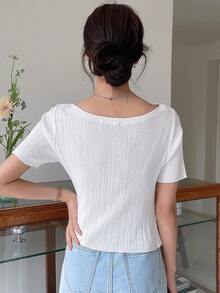DAZY Solid Asymmetrical Hem Ribbed Knit Top - White - View 2