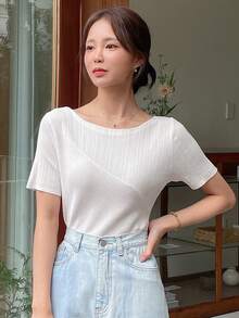 DAZY Solid Asymmetrical Hem Ribbed Knit Top - White - View 4