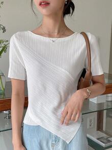 DAZY Solid Asymmetrical Hem Ribbed Knit Top - White - View 5