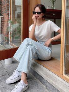 DAZY Solid Asymmetrical Hem Ribbed Knit Top - White - View 6