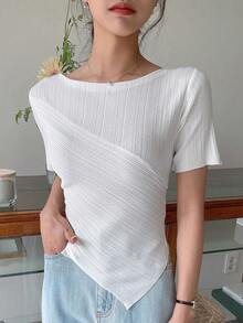 DAZY Solid Asymmetrical Hem Ribbed Knit Top - White - View 8