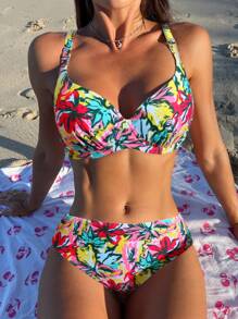 SHEIN Swim Allover Floral Print Push Up Bikini Set For Summer Beach - Multicolor - View 1