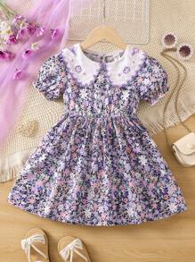 SHEIN 小女童印花彼得潘領泡泡袖洋裝