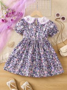 SHEIN 小女童印花彼得潘領泡泡袖洋裝