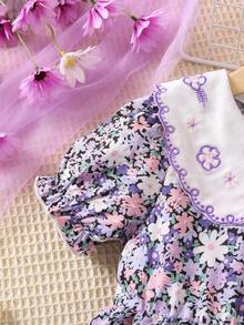 SHEIN 小女童印花彼得潘領泡泡袖洋裝