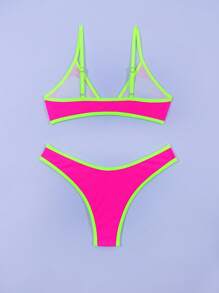 SHEIN Swim Summer Beach Contrast Neon Trim Wireless Bikini Set Bathing Suit - Hot Pink - View 2