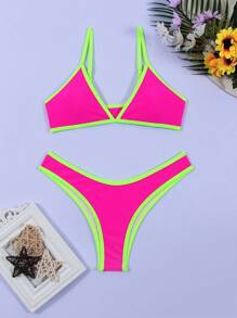 SHEIN Swim Summer Beach Contrast Neon Trim Wireless Bikini Set Bathing Suit - Hot Pink - View 4