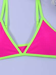 SHEIN Swim Summer Beach Contrast Neon Trim Wireless Bikini Set Bathing Suit - Hot Pink - View 5