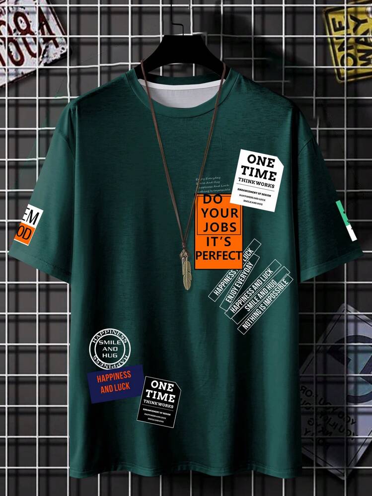 Manfinity Roghcode Men Slogan Graphic Tee - Dark Green - View 1